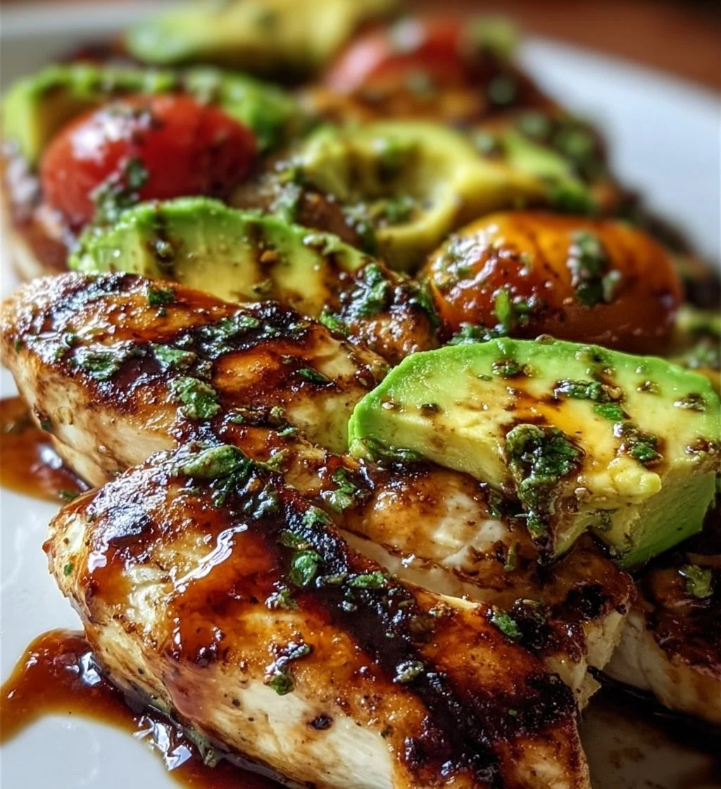 Grilled California avocado chicken served with fresh vegetables