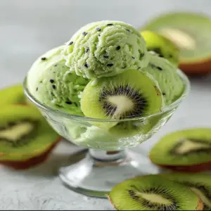 Delicious bowl of homemade Kiwi Sorbet with fresh kiwi slices