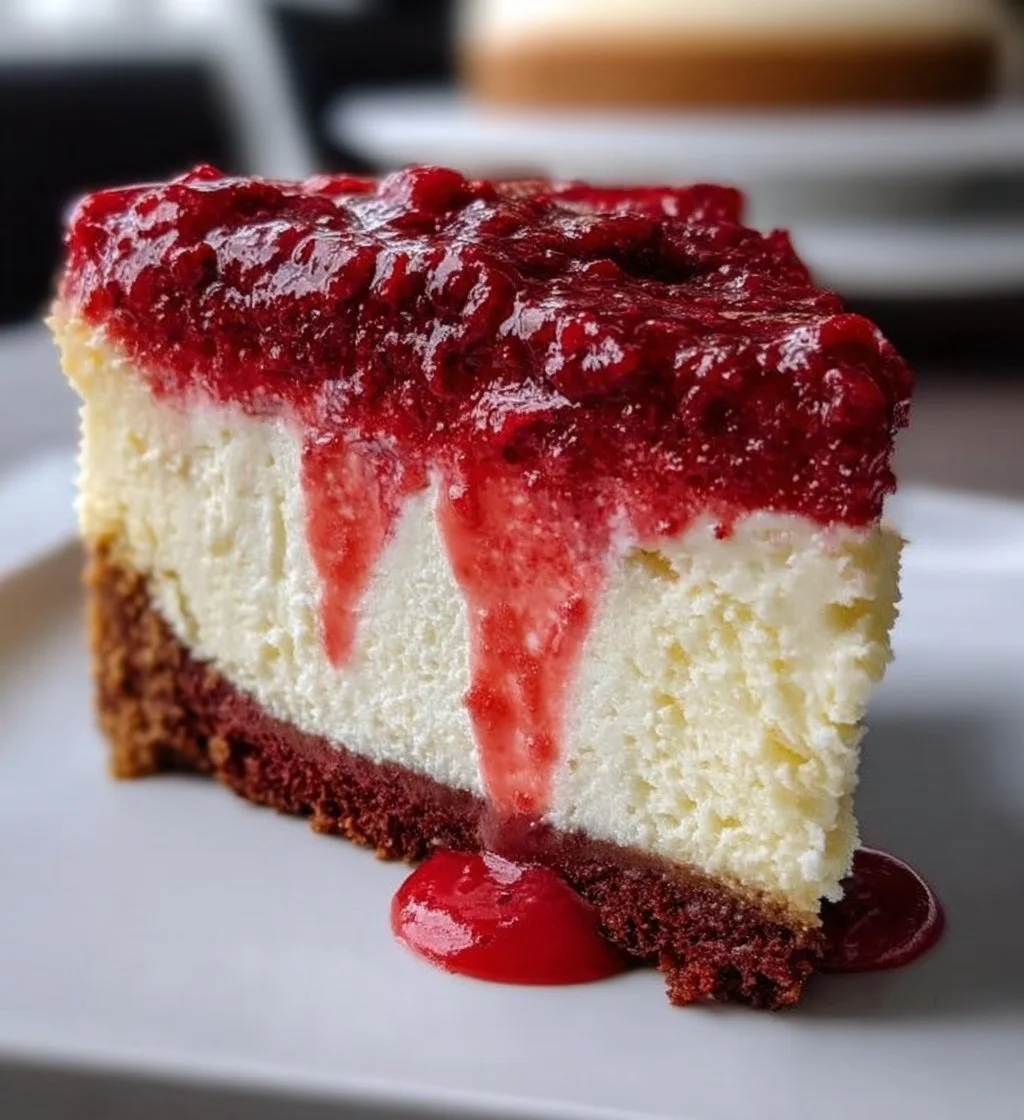 Knock You Naked Red Velvet Cheesecake served on a plate, showcasing its creamy layers.