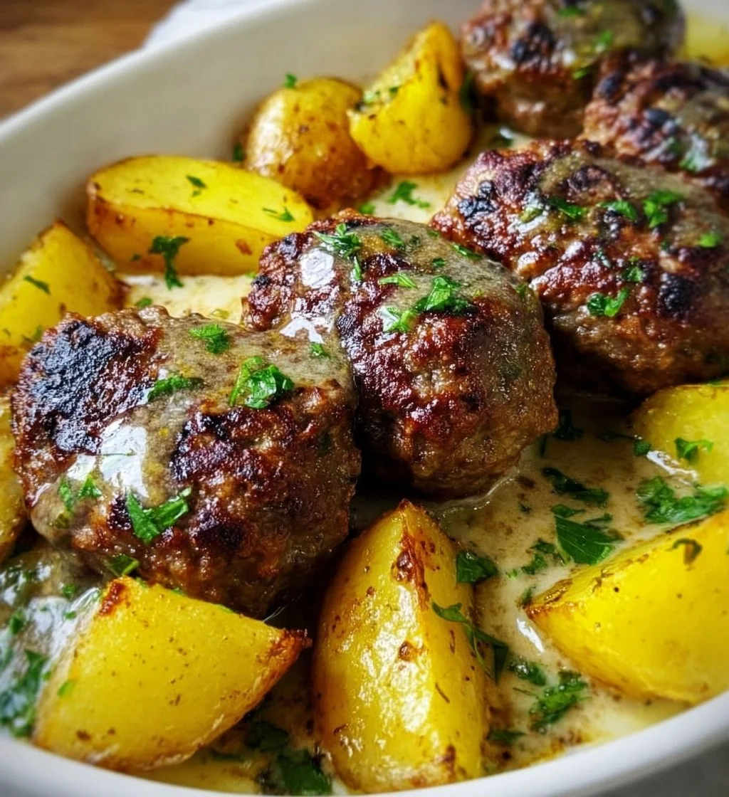 Kofta served with olive-oil tossed potatoes and creamy lemon tahini sauce