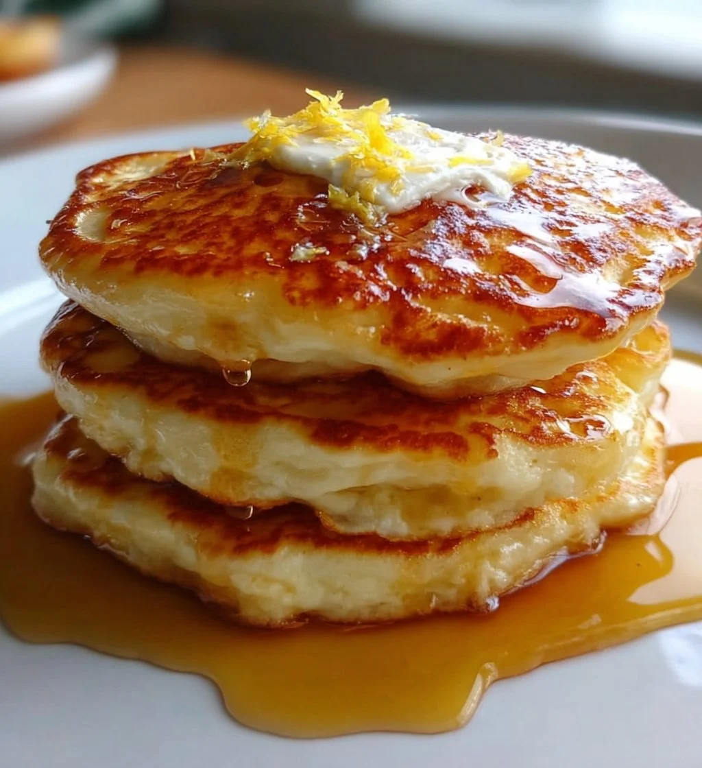 Fluffy lemon cottage cheese pancakes stacked on a plate with a citrus garnish.