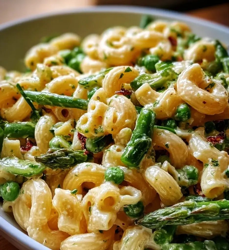 Lemon-Dijon asparagus and pea macaroni salad in a bowl