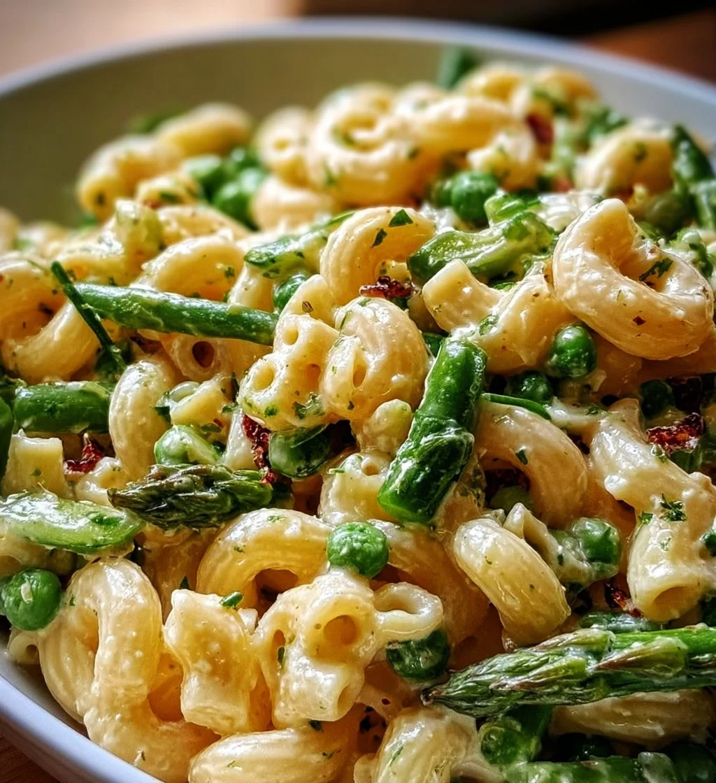 Lemon-Dijon asparagus and pea macaroni salad in a bowl