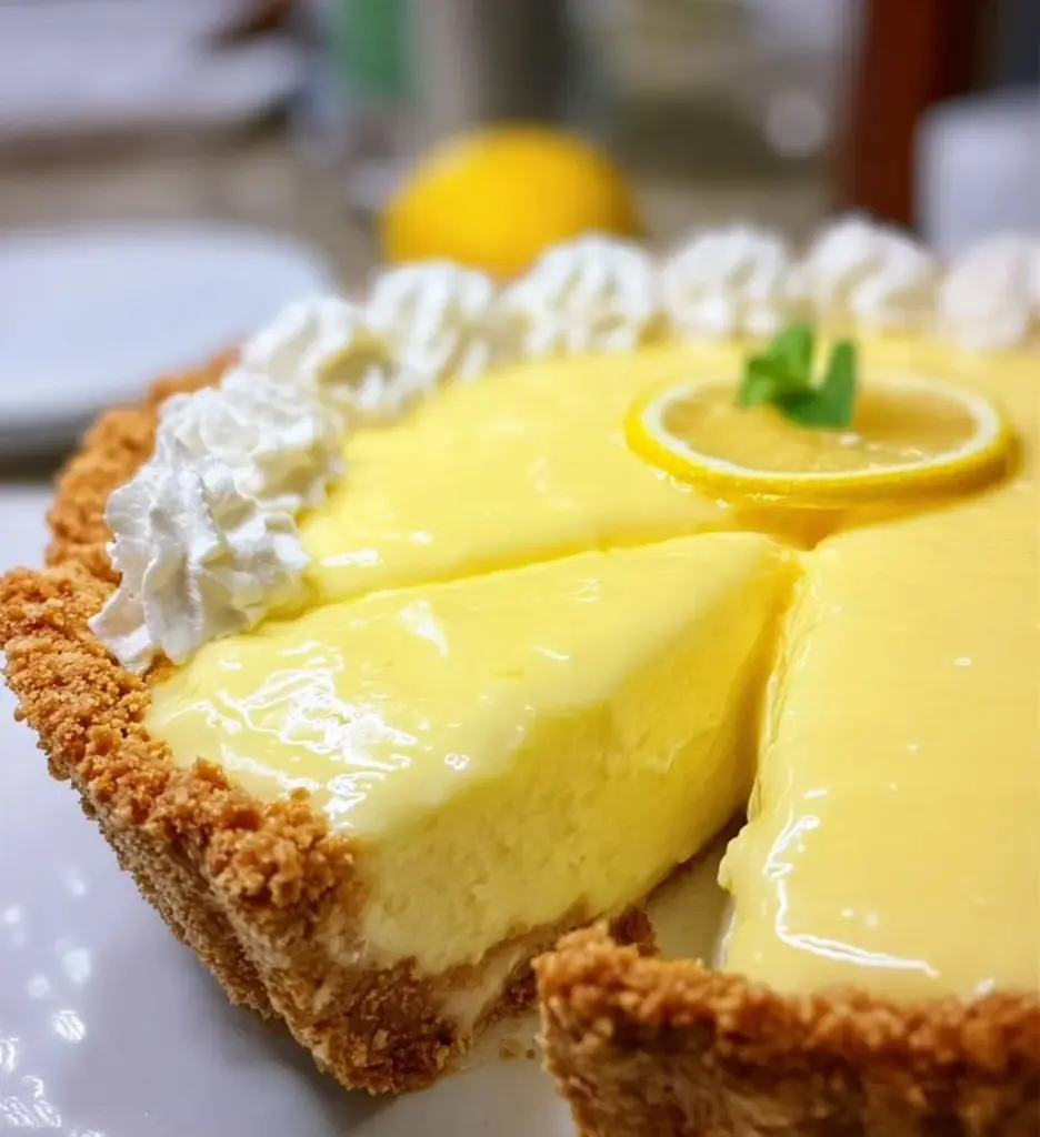 Slice of Lemon Mascarpone Cream Pie topped with lemon zest on a plate