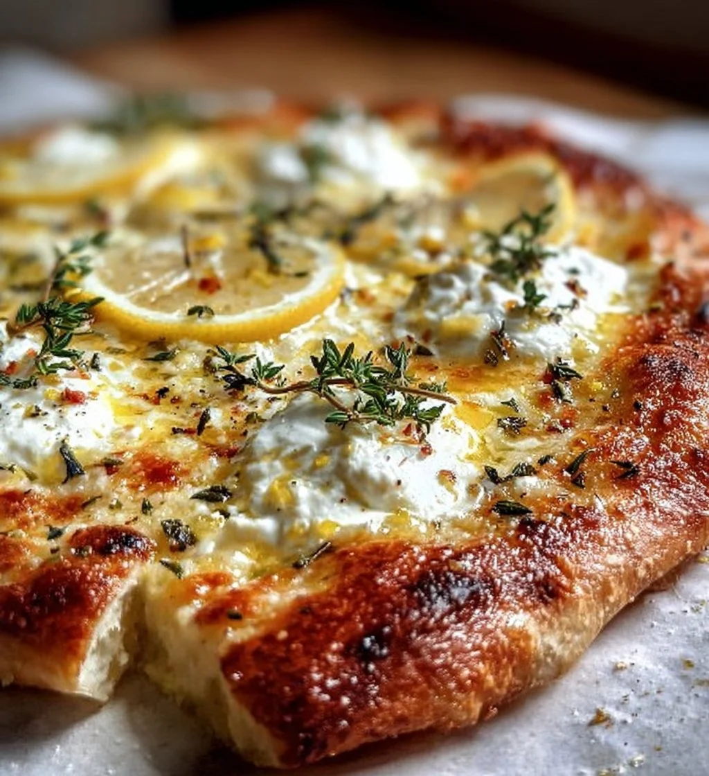 Lemon pizza topped with ricotta, mozzarella, and fresh thyme.