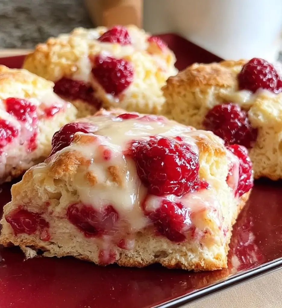 Freshly baked lemon raspberry scones with a golden crust and juicy berries.