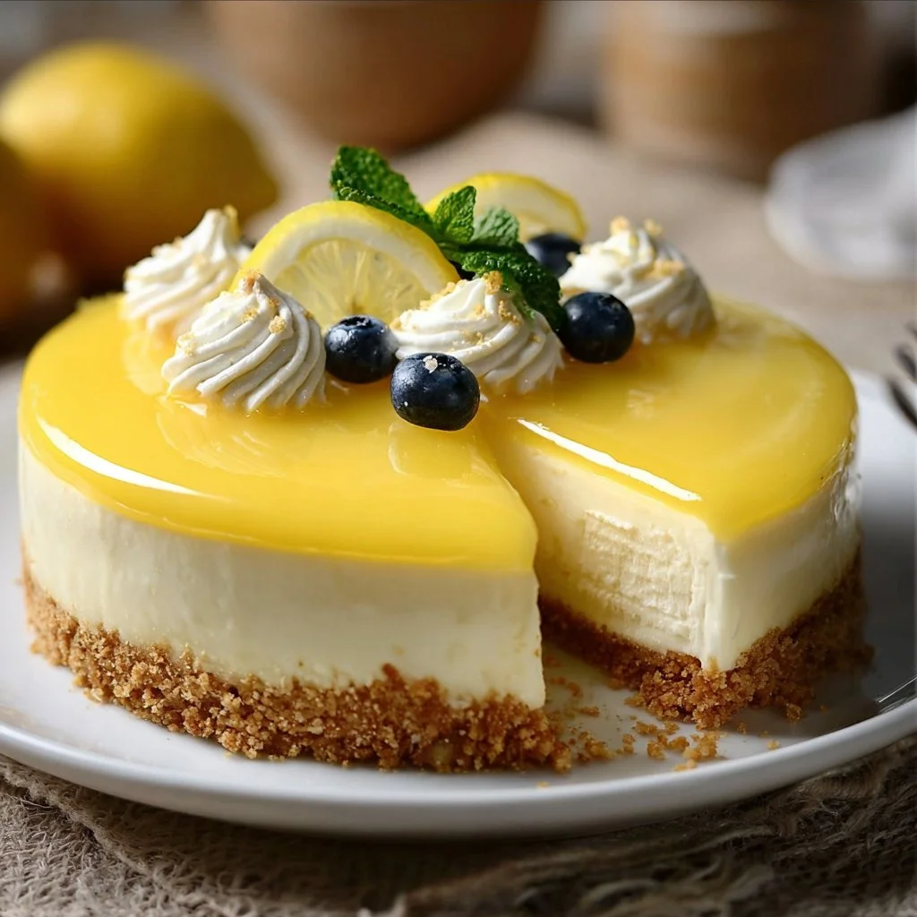 Delicious slice of Limoncello Cheesecake topped with lemon zest and whipped cream