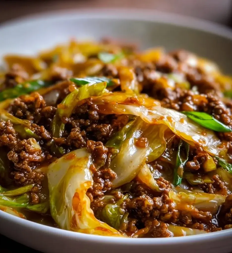 Low Carb Mongolian Ground Beef served with cabbage for a healthy meal