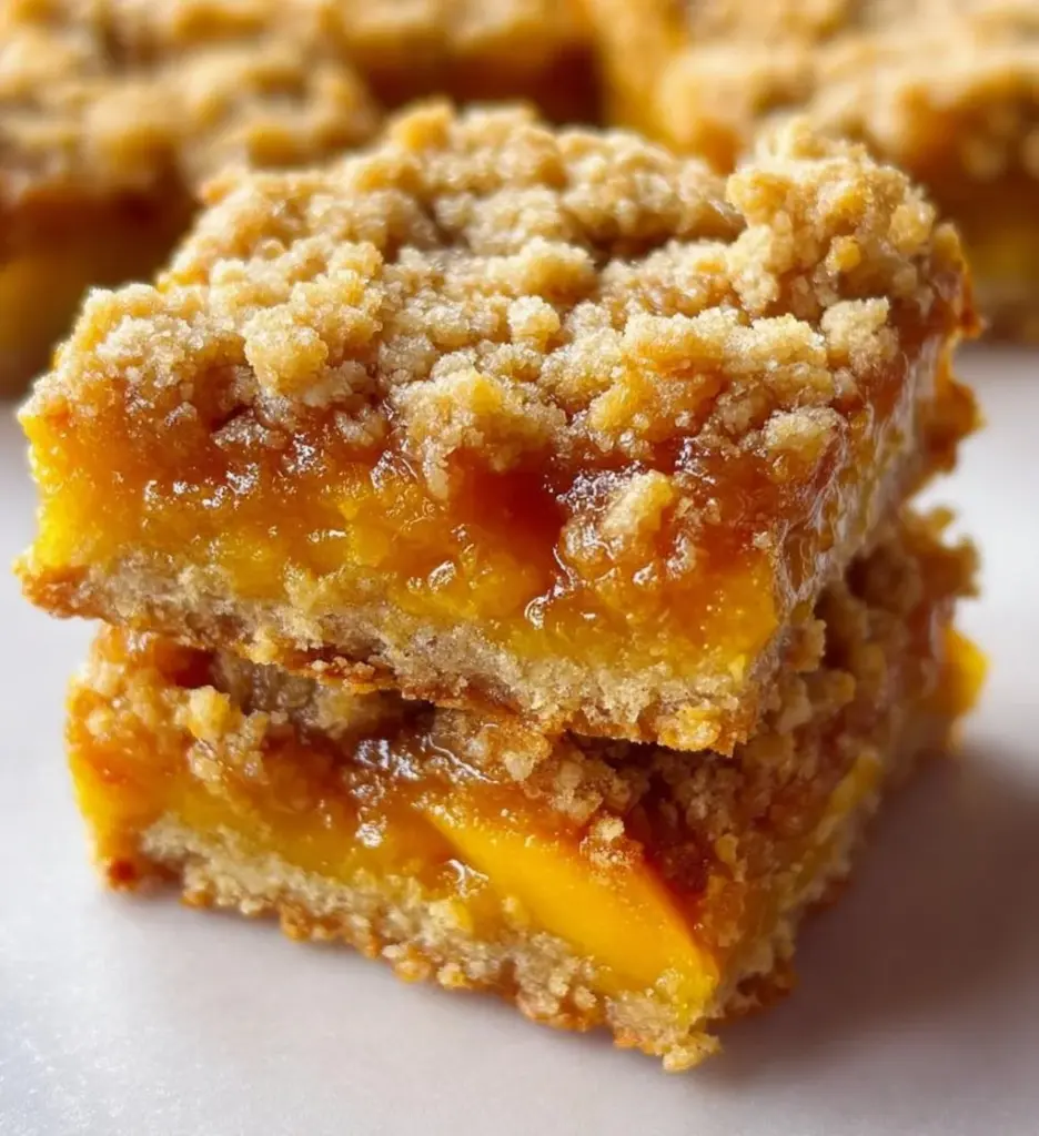 Freshly baked Mango Crumb Bars on a plate, showcasing their crumbly topping and vibrant mango filling.