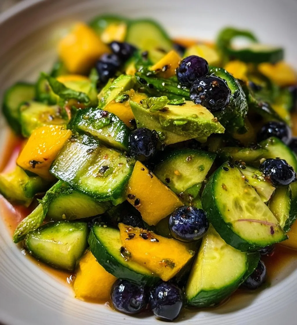Mango Cucumber Salad with blueberries and avocado in a bowl