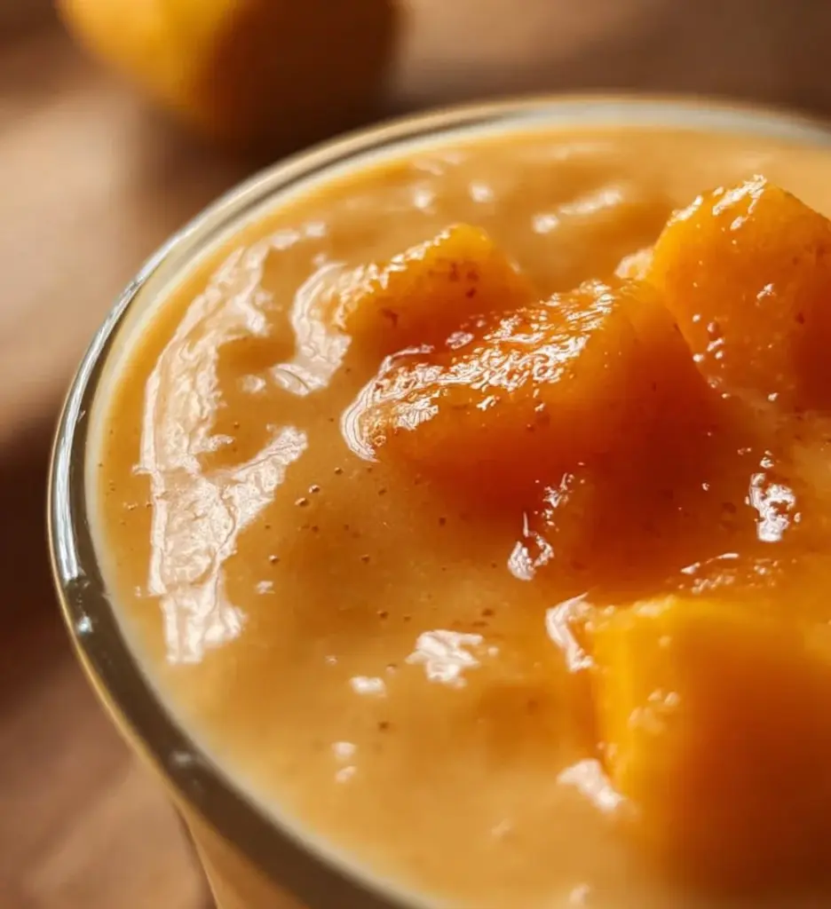 Delicious mango protein smoothie in a glass with a tropical garnish