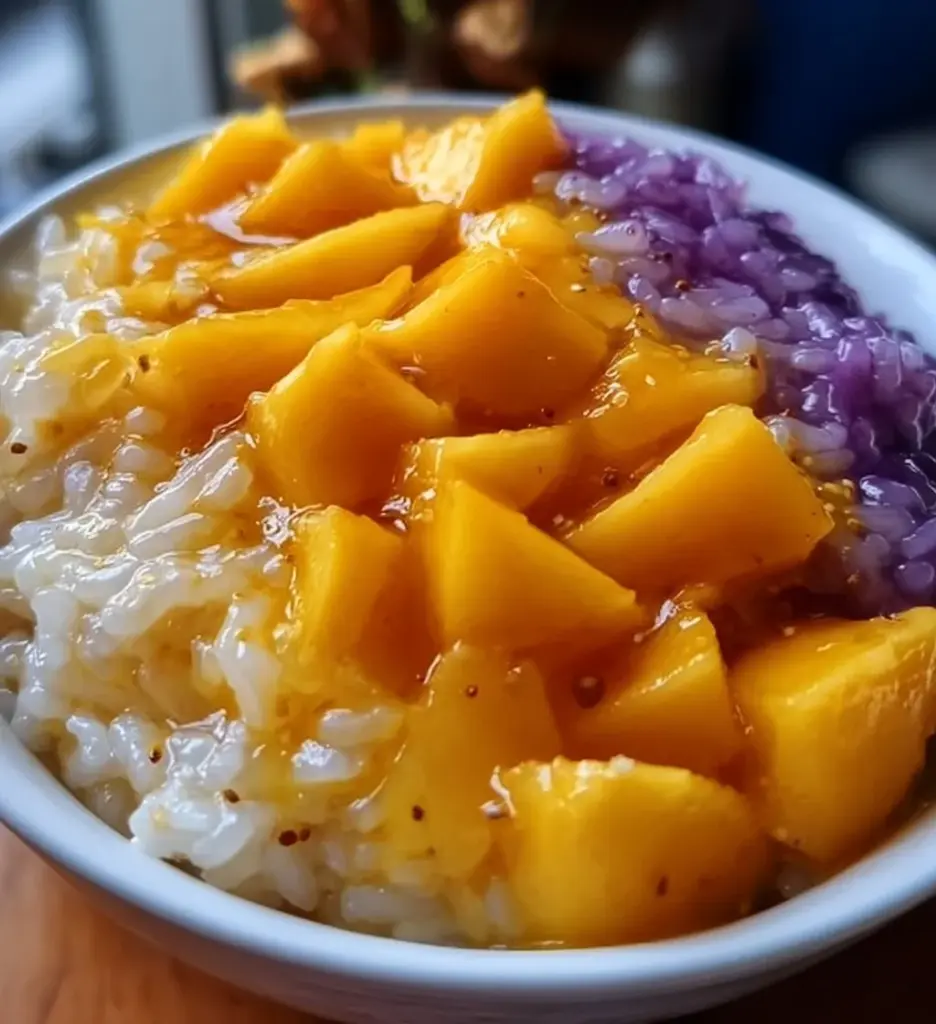 Delicious Mango Ube Sticky Rice topped with ripe mango slices and ube.