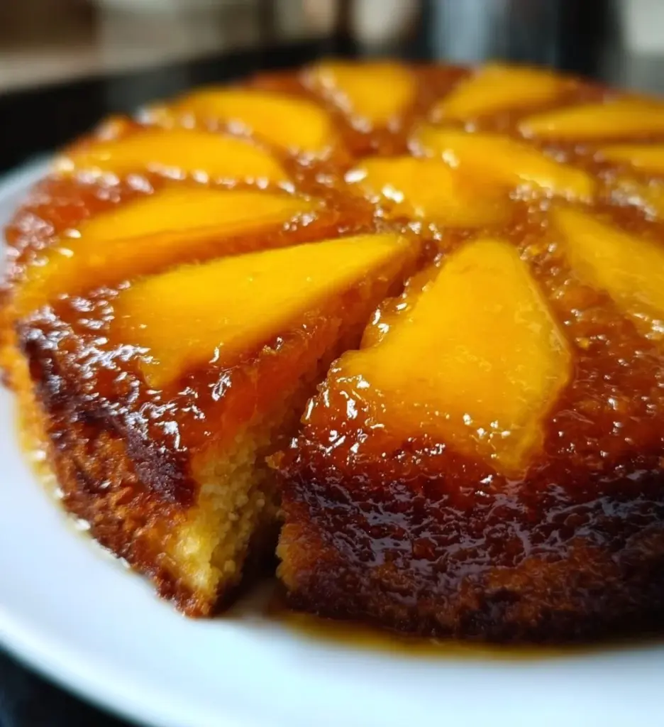 Sliced Mango Upside Cake topped with fresh mango slices on a white plate