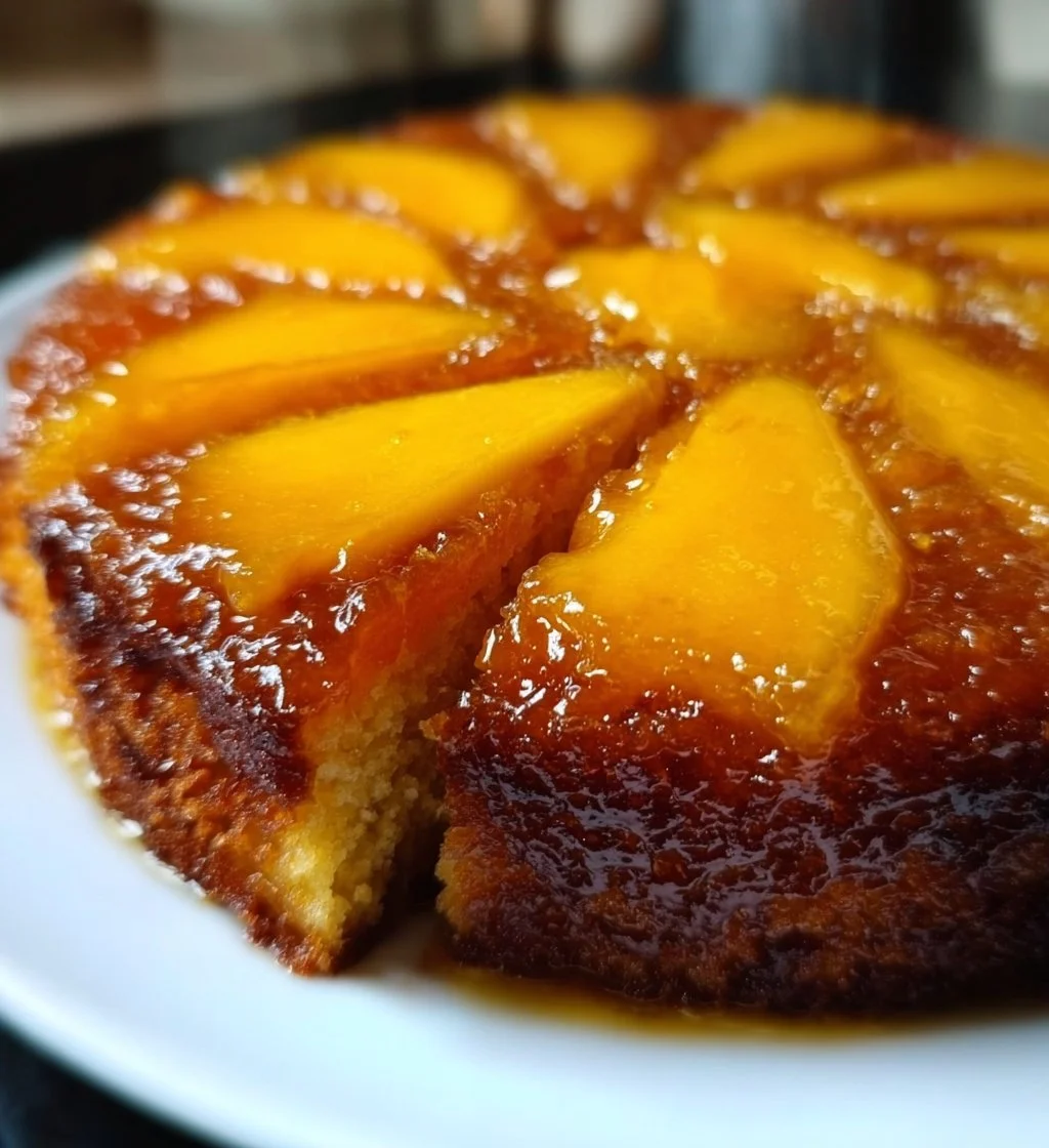 Sliced Mango Upside Cake topped with fresh mango slices on a white plate