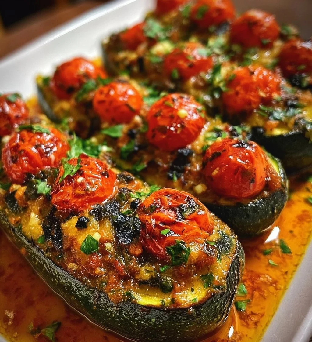 Mediterranean stuffed zucchini topped with herbs and spices