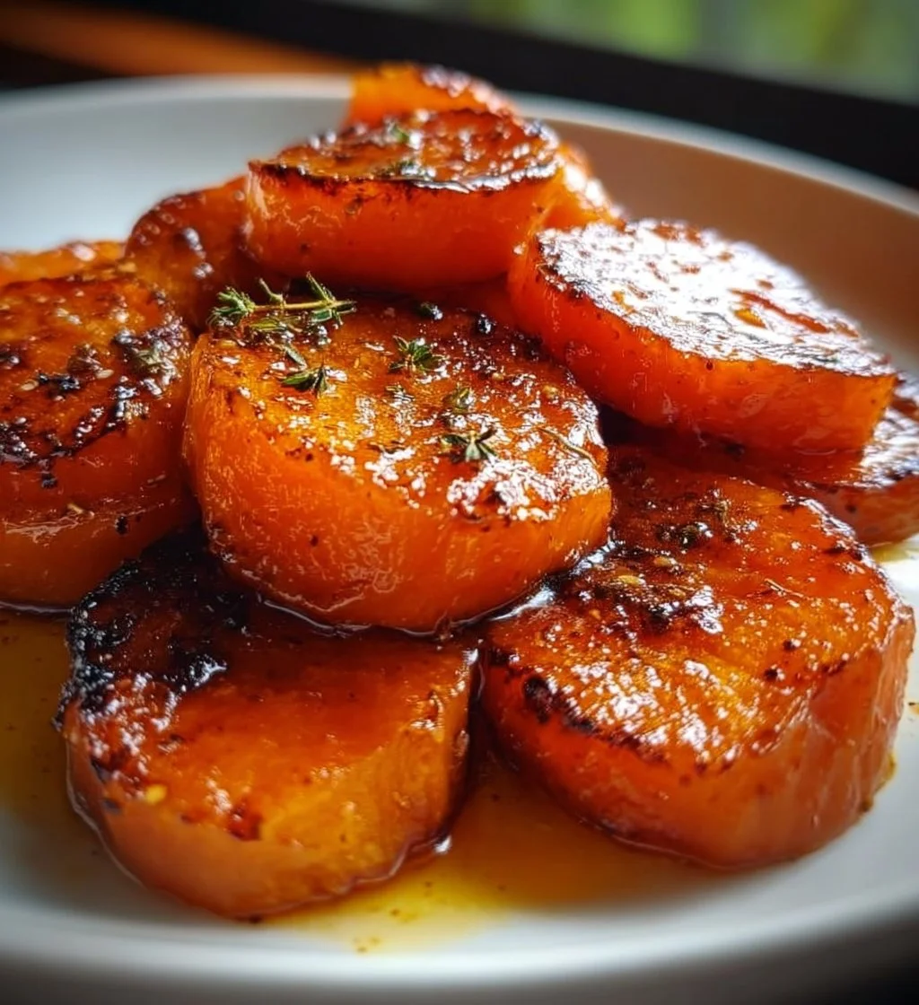 Melt-in-your-mouth sweet potatoes served on a plate garnished with herbs