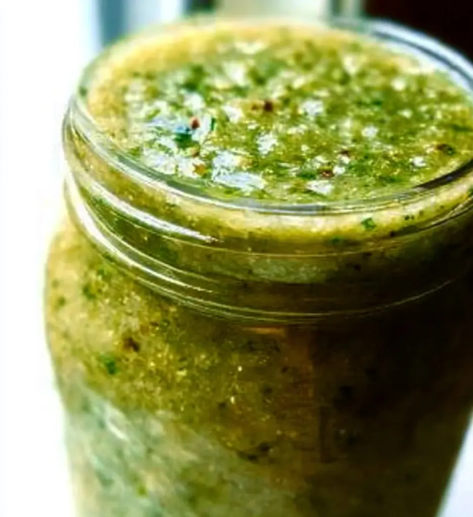Homemade Mexican tomatillo green sauce served in a bowl with fresh ingredients.