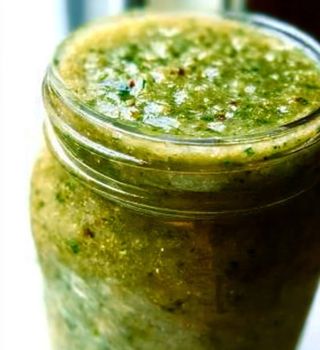 Homemade Mexican tomatillo green sauce served in a bowl with fresh ingredients.