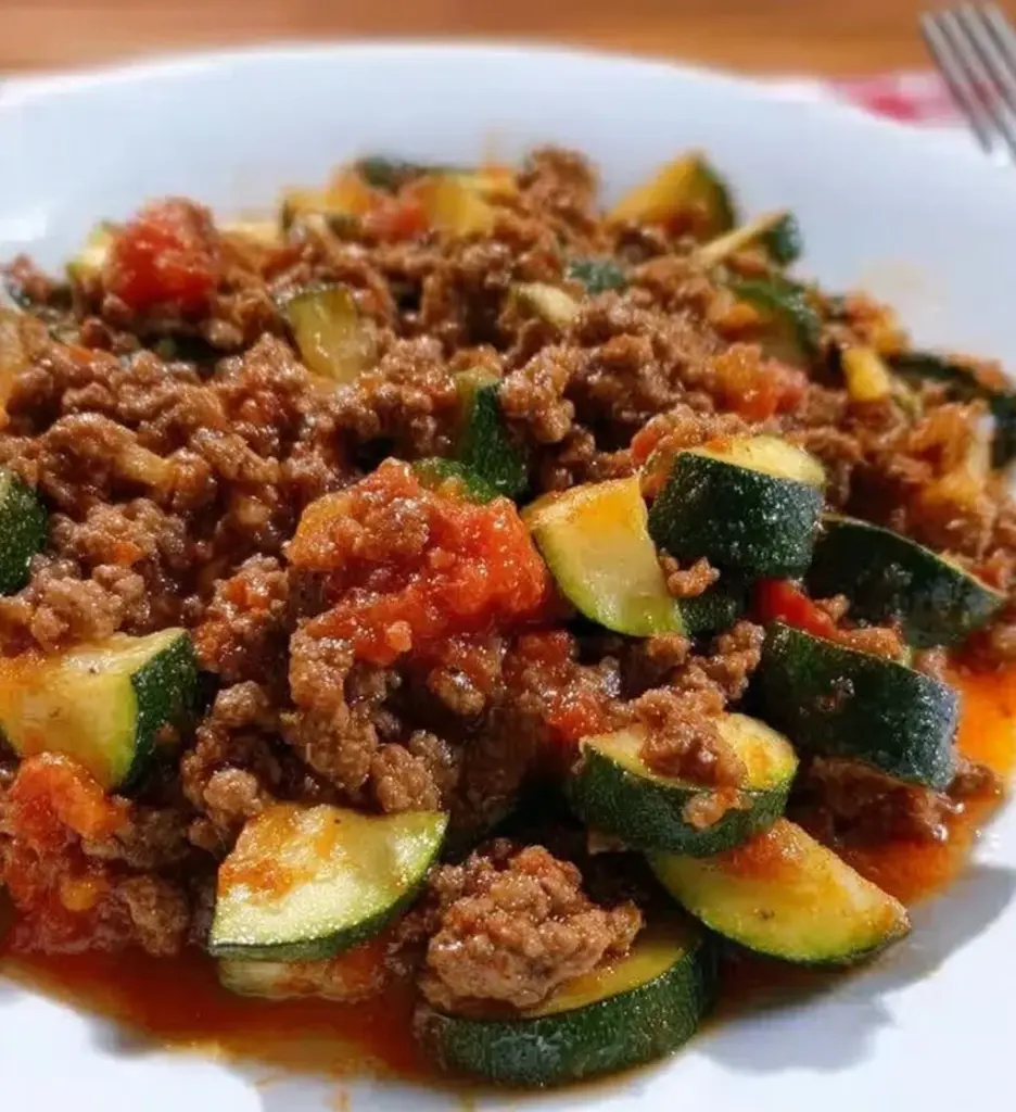 Mexican zucchini and ground beef skillet served in a pan