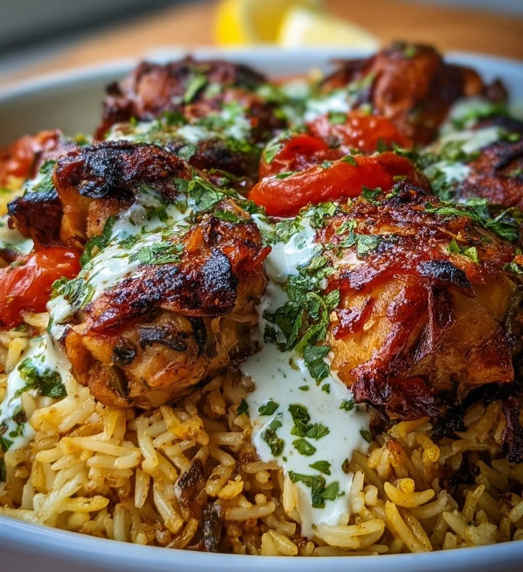 Middle Eastern chicken and rice served with yogurt tahini sauce