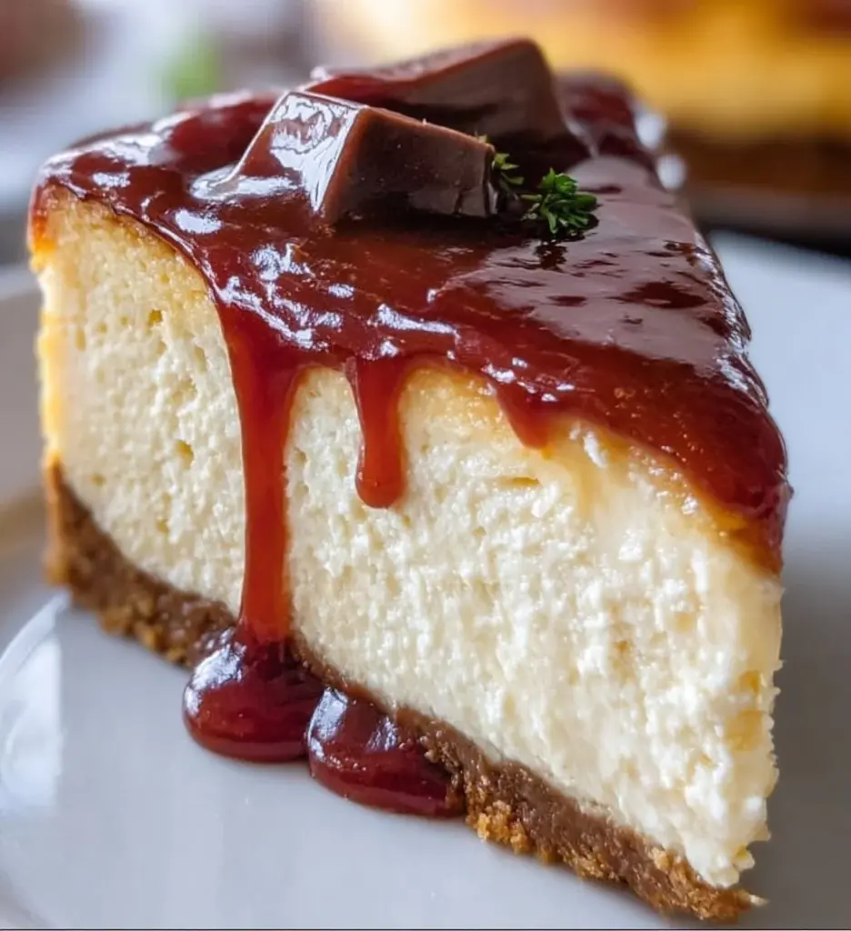 Slice of millionaire cheesecake topped with chocolate and caramel drizzle