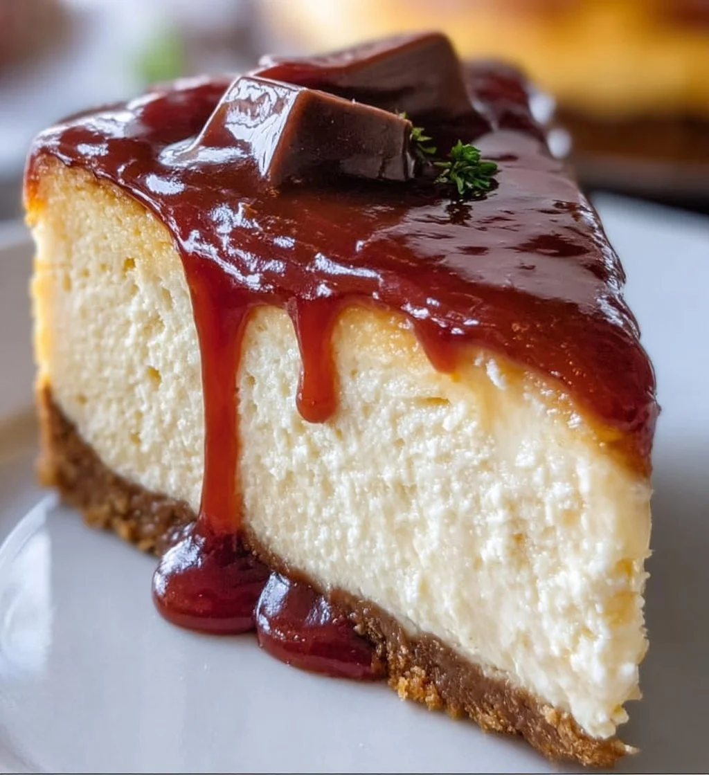 Slice of millionaire cheesecake topped with chocolate and caramel drizzle