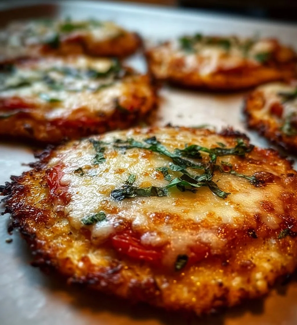 Mini cauliflower crust pizzas topped with fresh vegetables and cheese