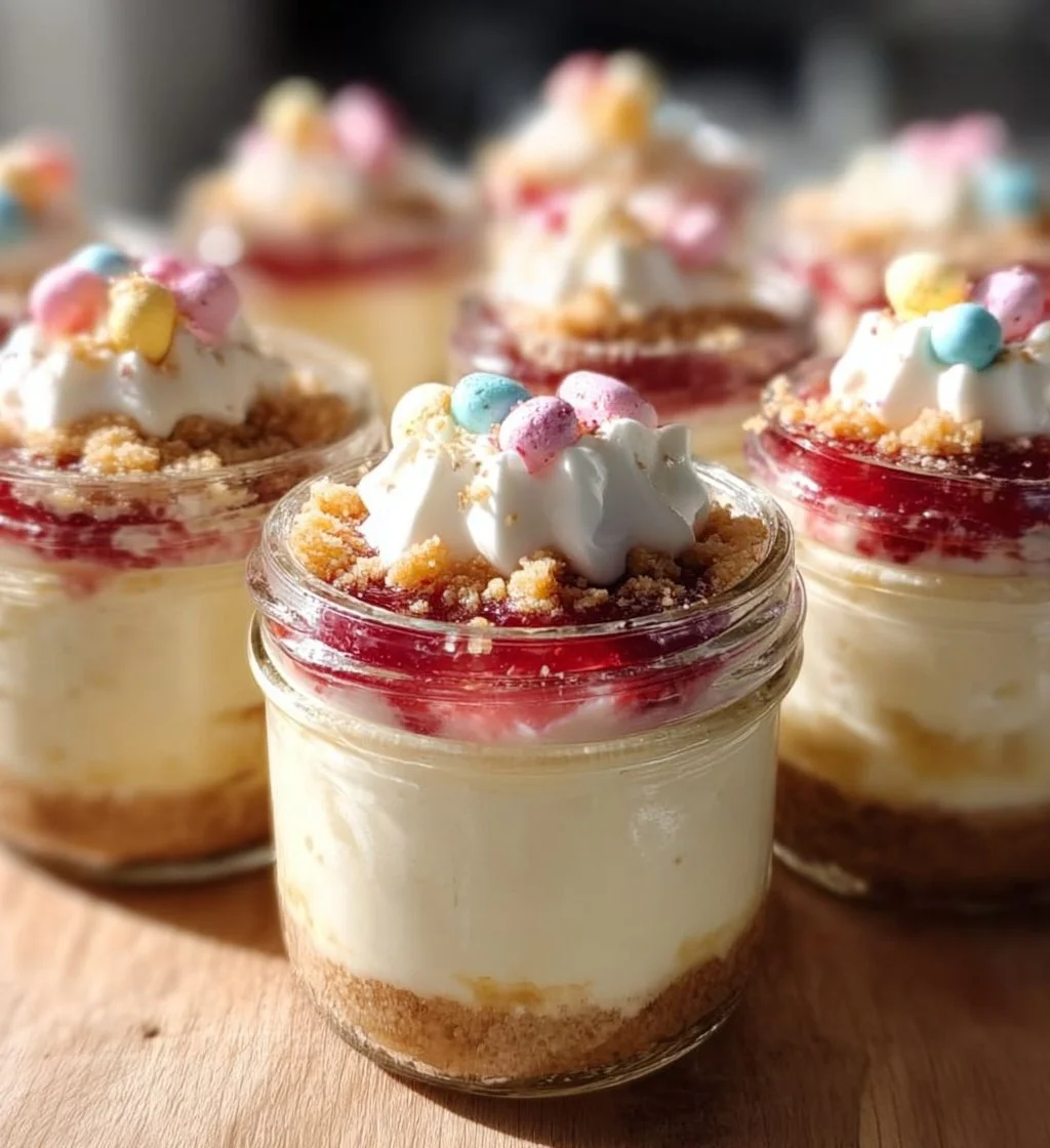 Mini Easter Cheesecake Jars topped with vibrant Easter decorations