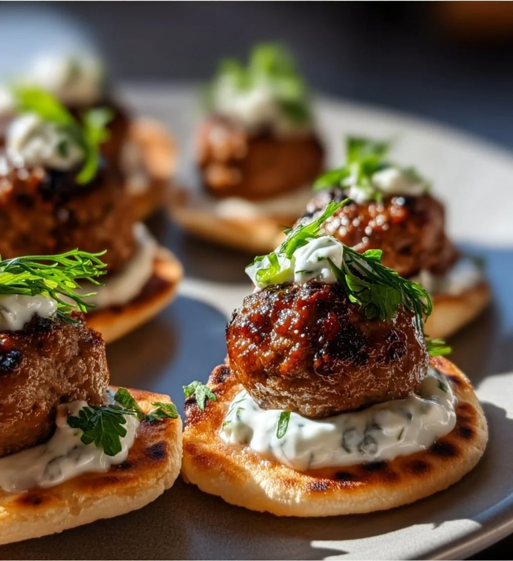 Mini Greek meatball bites served on pita with tzatziki sauce.