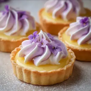 Mini lemon tart topped with lilac meringue on a white plate