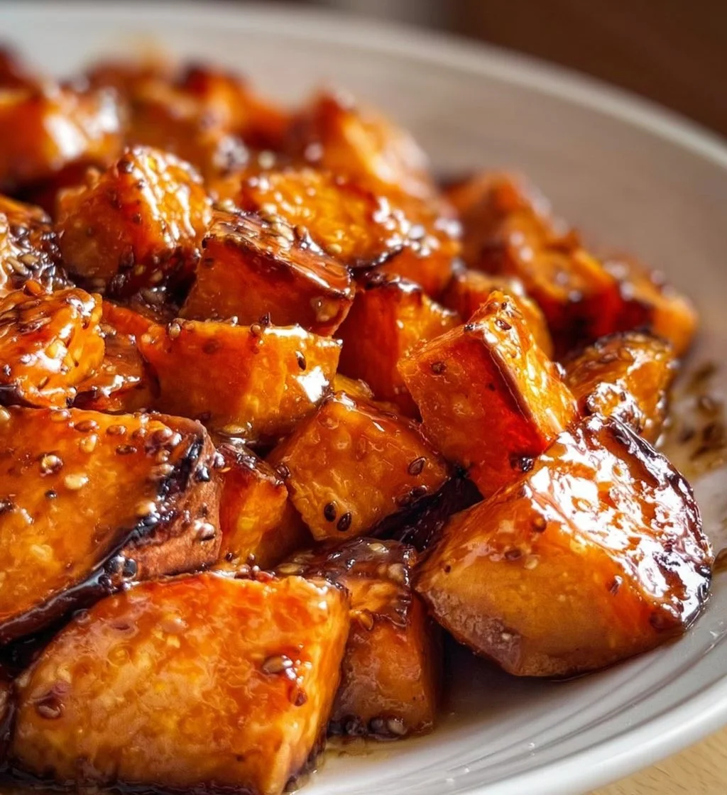 Baked Miso Glazed Sweet Potato garnished with sesame seeds and scallions