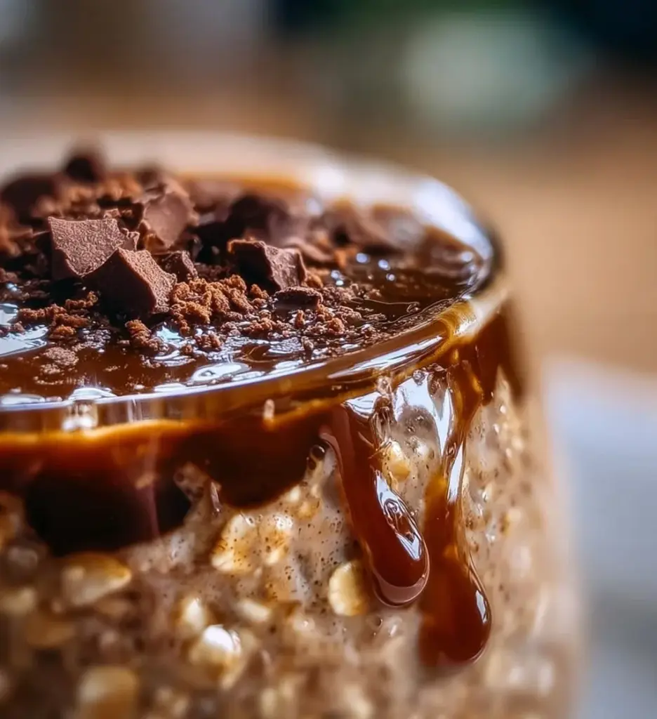 Mocha Coffee Overnight Oats in a jar topped with chocolate and coffee beans
