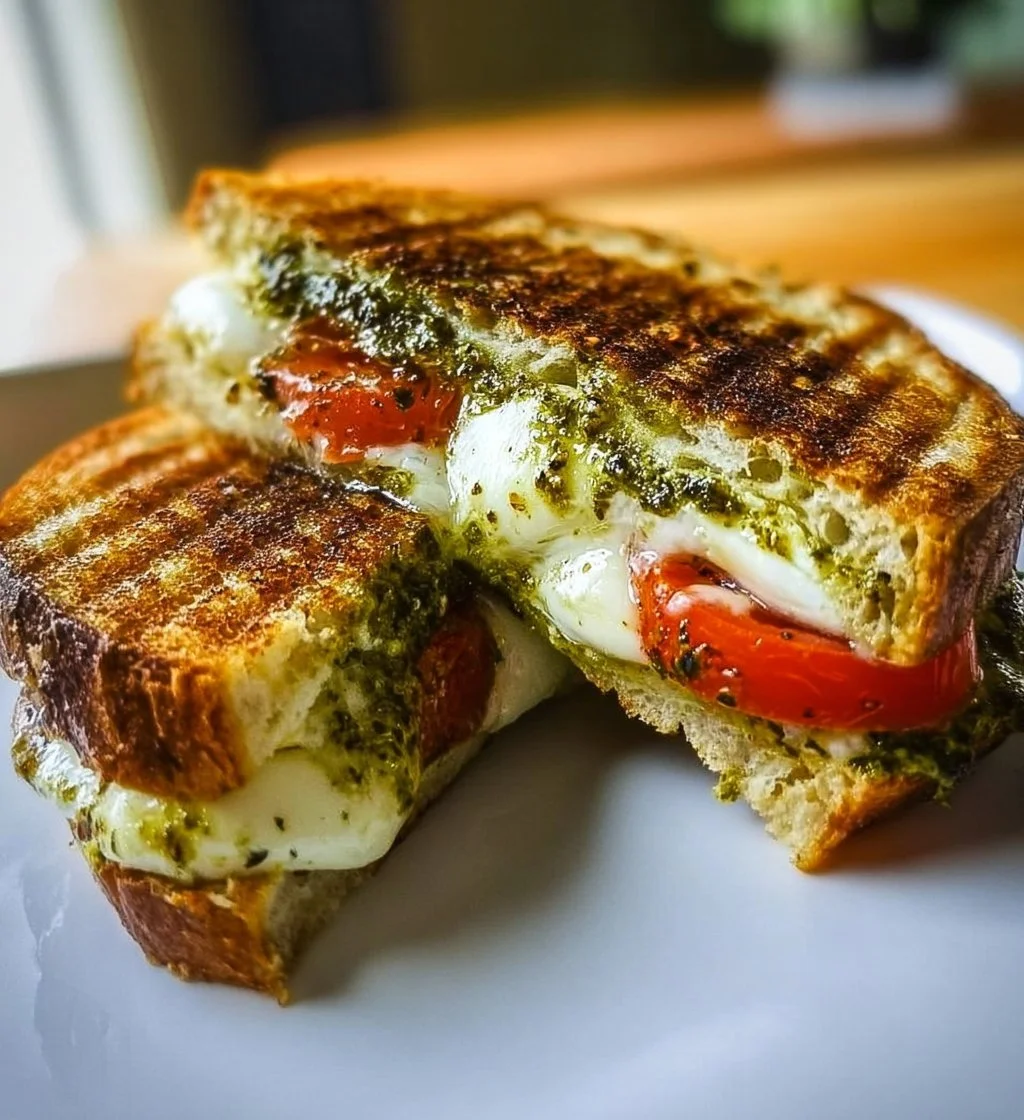 Delicious Mozzarella & Pesto Panini served on a wooden board.