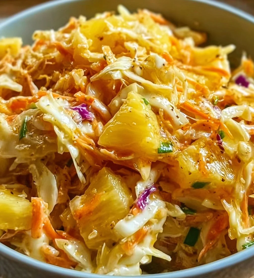 No-Mayo Hawaiian Pineapple Coleslaw with fresh pineapple and colorful veggies