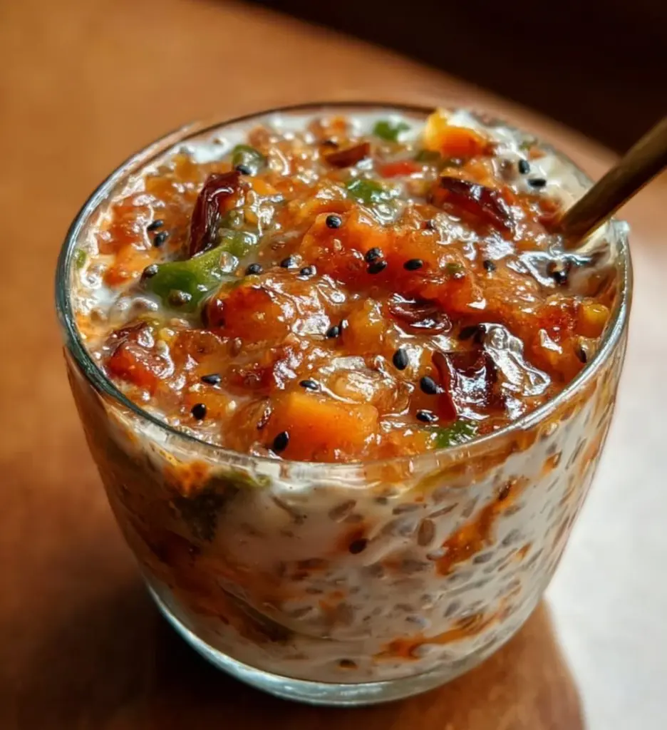 Bowl of nourishing Indian overnight oats topped with fresh fruits and nuts.