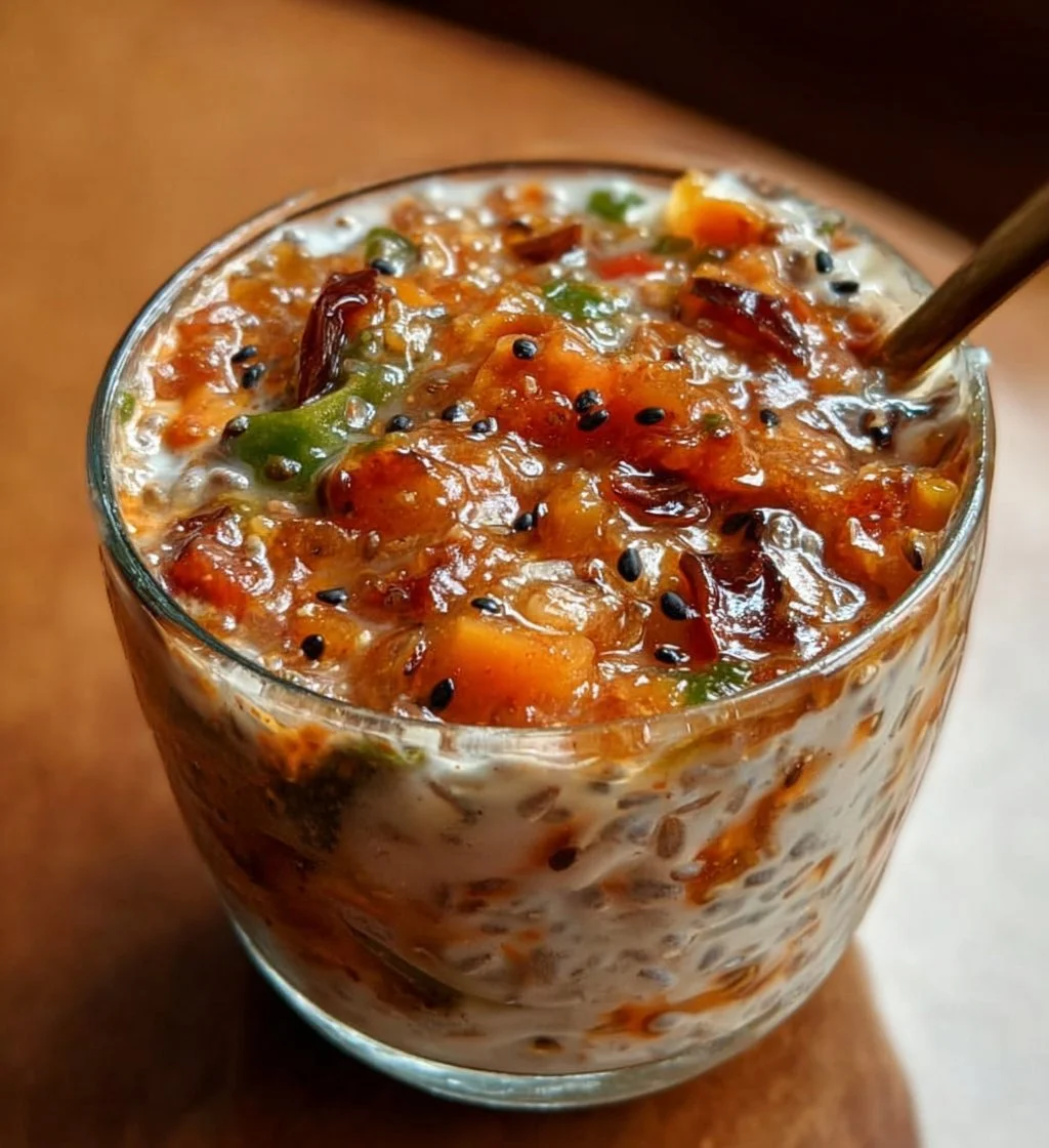 Bowl of nourishing Indian overnight oats topped with fresh fruits and nuts.