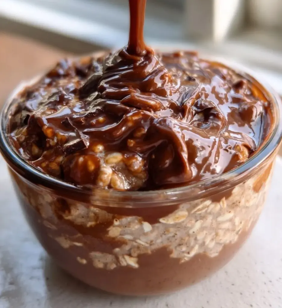 Nutella-inspired overnight oats in a jar topped with chocolate and hazelnuts.