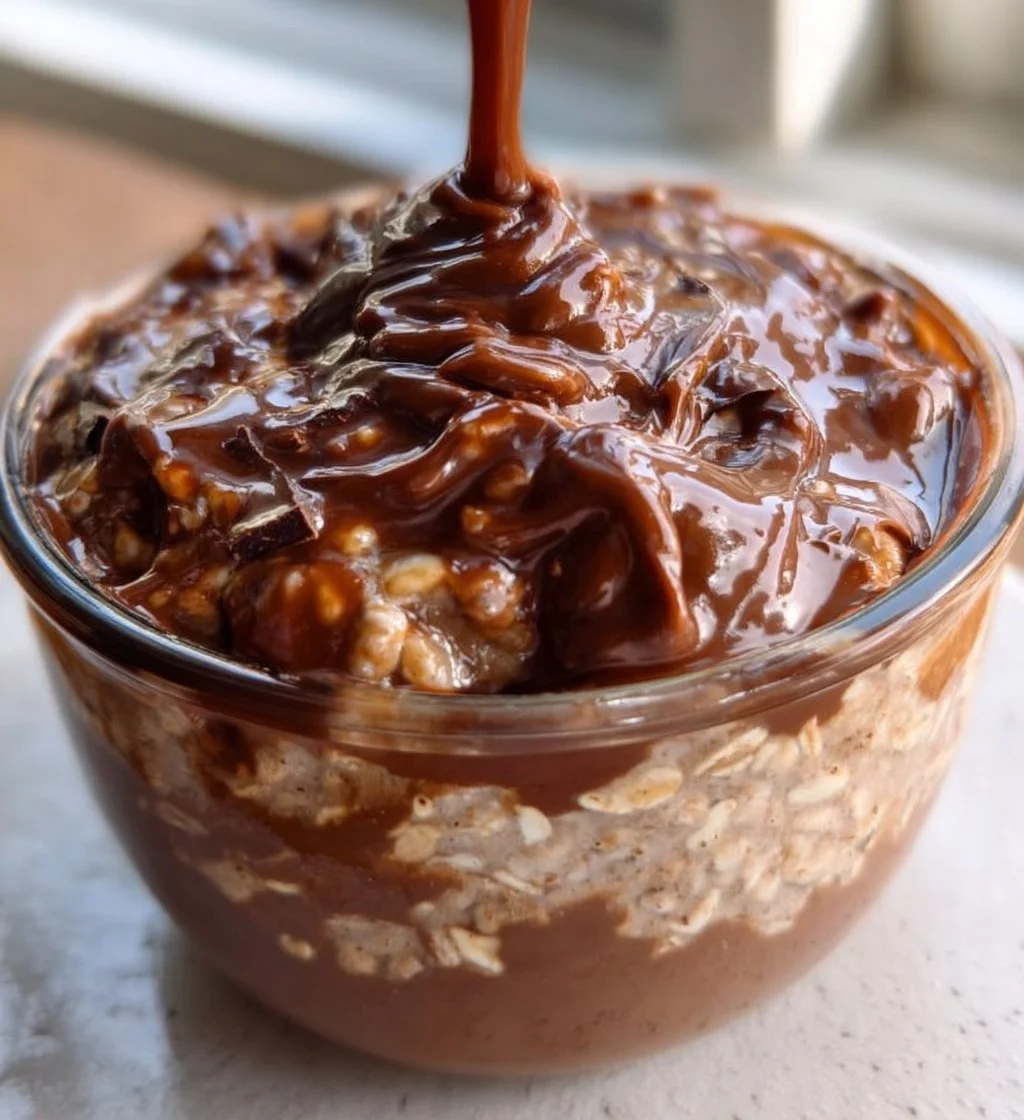 Nutella-inspired overnight oats in a jar topped with chocolate and hazelnuts.