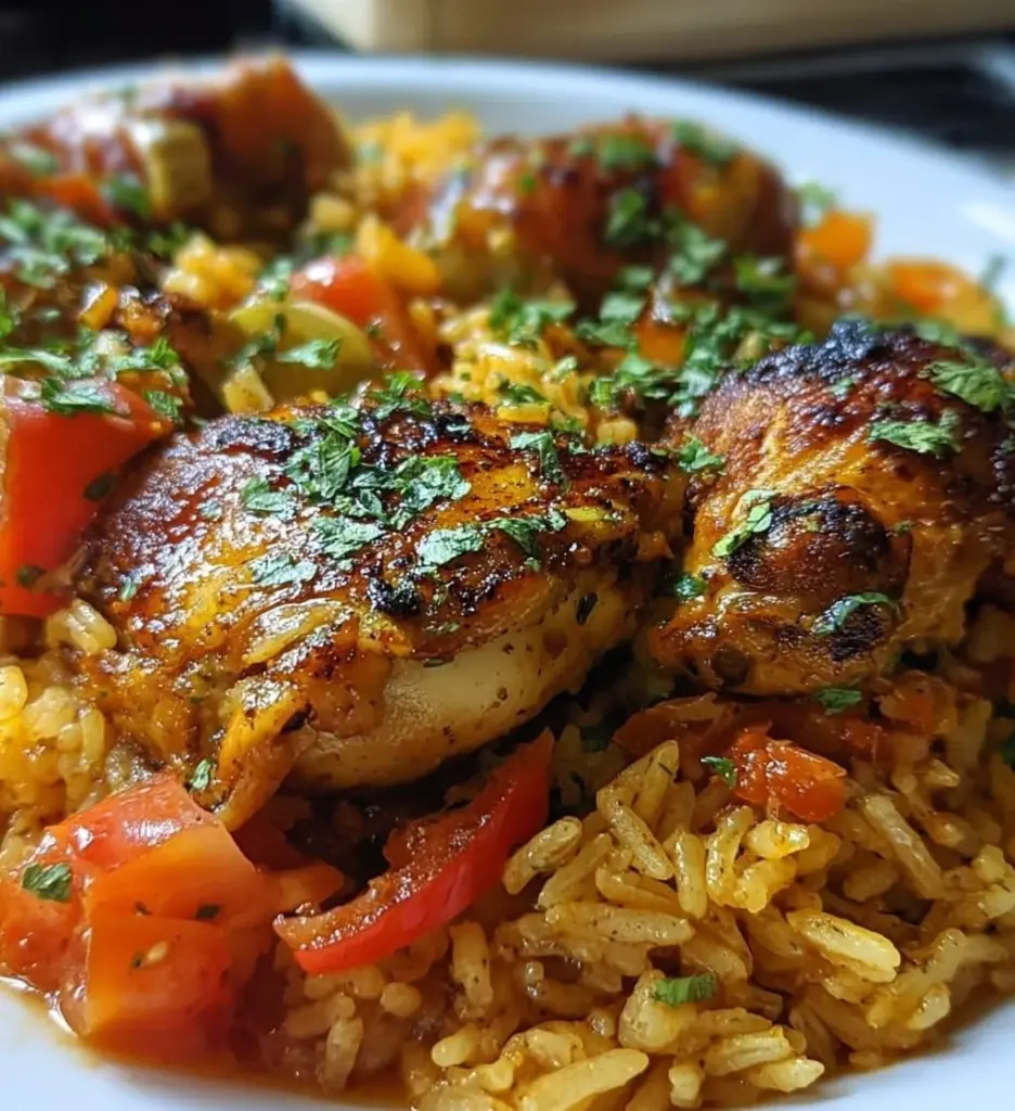 One-Pan Caribbean Chicken with Rice ready to serve in a colorful dish