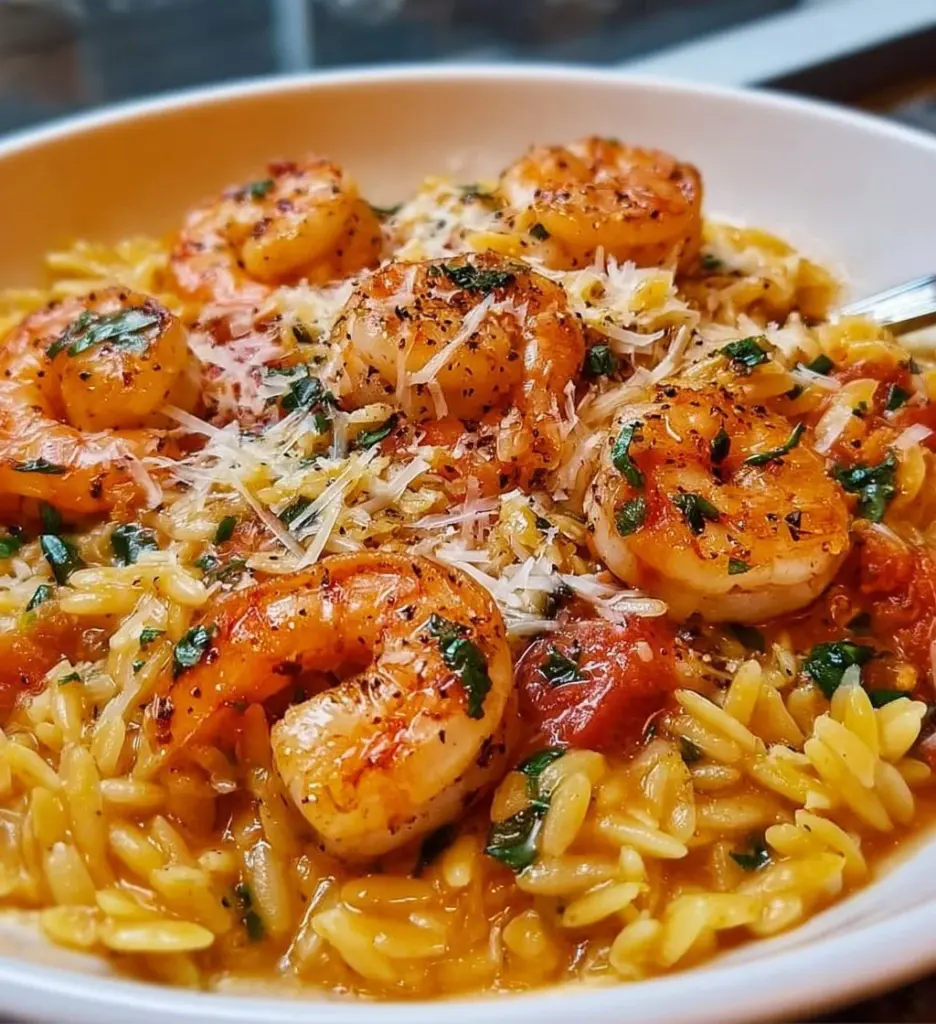 One Pan Parmesan Orzo with Shrimp dish, garnished and ready to serve