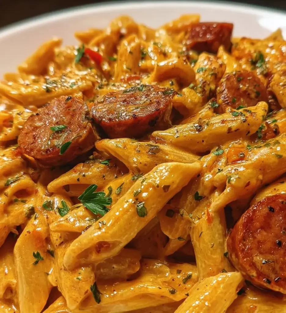 Bowl of creamy spicy Cajun sausage pasta with fresh herbs and spices