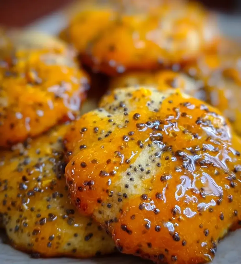 Delicious orange poppy seed cookies on a rustic platter.