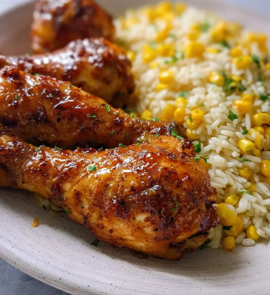 Oven baked chicken drumsticks served with fluffy buttery rice and corn