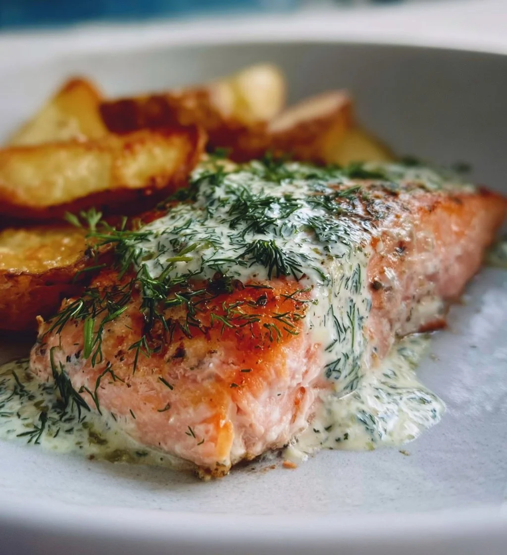 Oven-baked salmon fillet topped with fresh dill sauce on a plate.