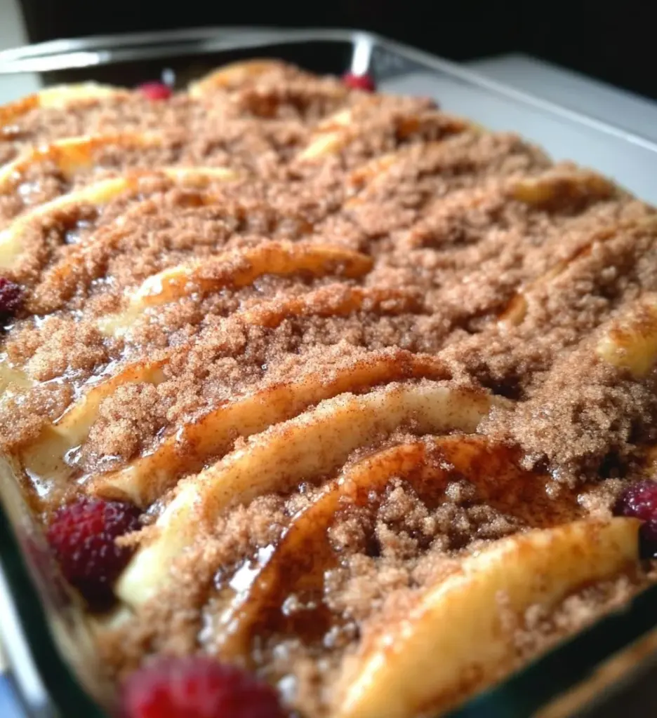 Delicious Overnight Pancake Breakfast Bake with syrup and fresh berries