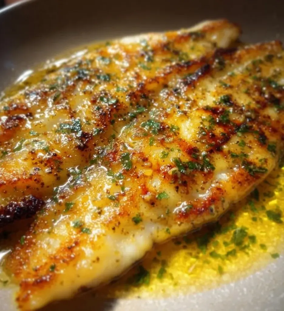 Plate of pan-seared flounder drizzled with brown butter and garnished with lemon.