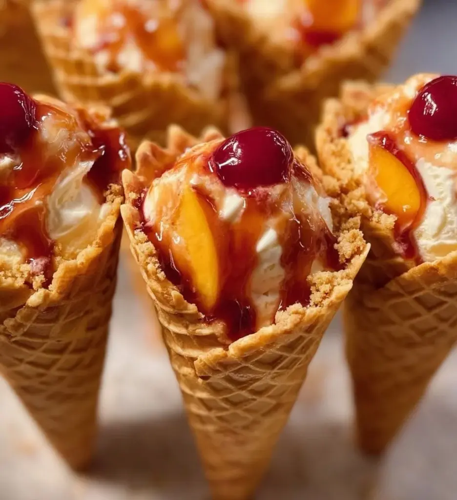 Peach cobbler cheesecake cones served on a rustic wooden table.
