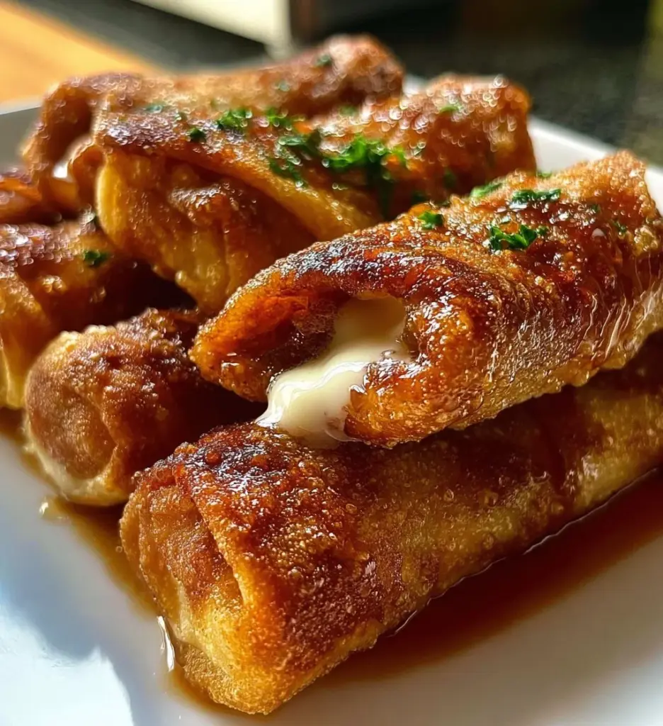 Crispy peach cobbler egg rolls with a sweet peach filling