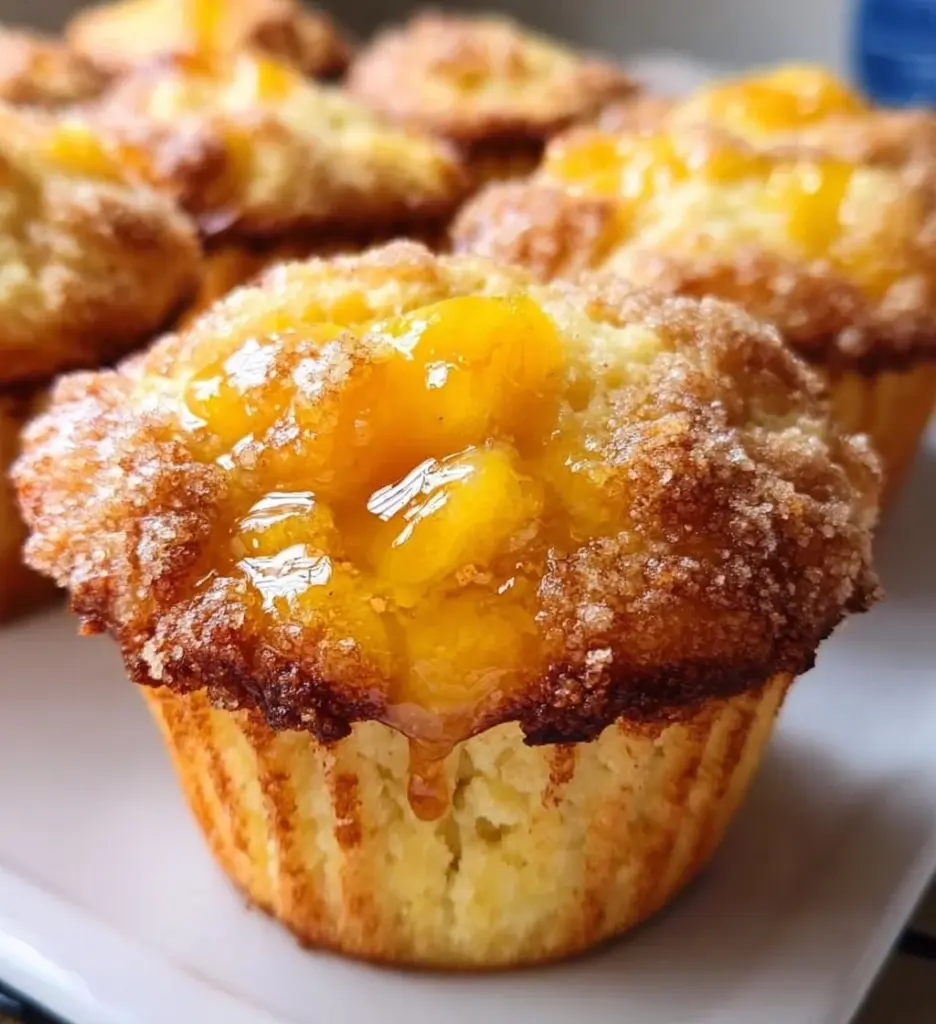 Freshly baked peach cobbler muffins on a wooden table
