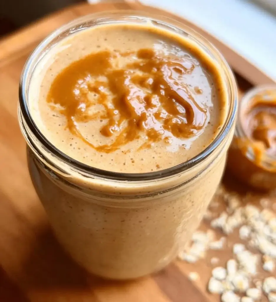 Peanut Butter Oatmeal Smoothie topped with banana and honey in a glass
